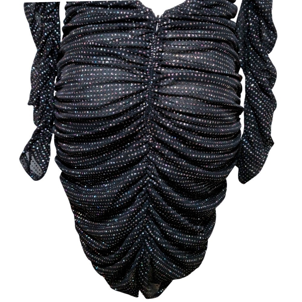For Love & Lemons Black Glitter Ruched Glam Mini Dress Small NYE Holiday Sparkle - Picture 8 of 12